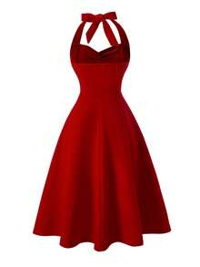 SHEIN Tween Girls Elegant Halter Neck Bow Knit Beaded Red Dress, Casual & Chic Summer Dress - Red - View 8