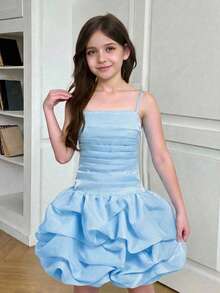 Đầm ngắn organza dáng suông, thanh lịch, ôm sát, xếp ly, viền gấu phồng, thích hợp cho bé gái tuổi teen, phù hợp cho Ngày Valentine, mùa hè, lễ tốt nghiệp, đám cưới, tiệc tùng, sự kiện. - Màu xanh nhạt - Xem 4