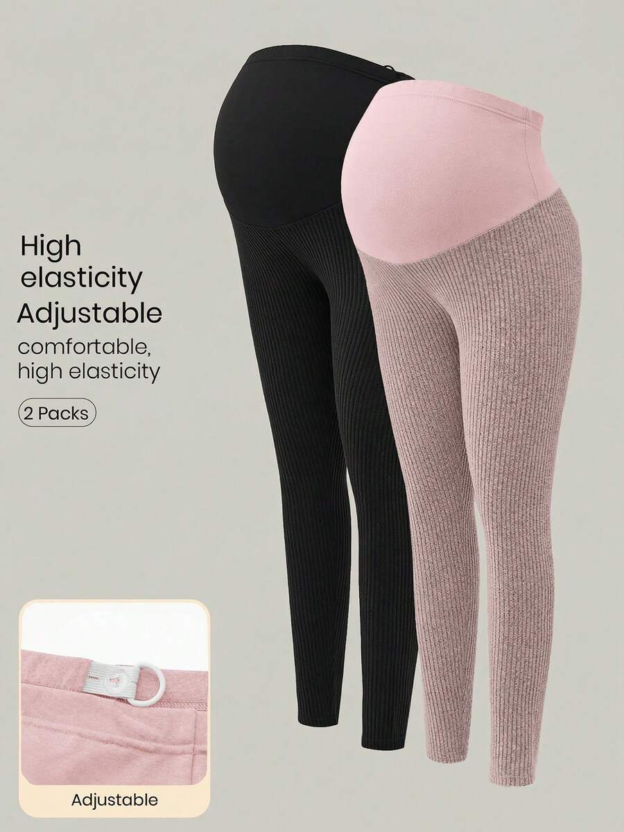 Modmama 2pcs Maternity Solid Color Basic Knitted Leggings, Casual Daily Wear - Pink - View 1