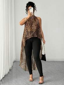 Elenzga Bộ đồ 2 mảnh dành cho nữ cỡ lớn, chất liệu chiffon, kiểu cổ yếm, thiết kế ngắn phía trước và dài phía sau, gồm áo và quần legging, thích hợp cho lễ tốt nghiệp, các ngày lễ, Ngày Valentine, lễ hội âm nhạc, Ngày của Mẹ, Halloween, Lễ Tạ ơn, Lễ Phục sinh, Ngày Quốc khánh, dạ hội, hẹn hò, tiệc tùng, đám cưới, dã ngoại và nhiều dịp khác. - màu nâu - Xem 4