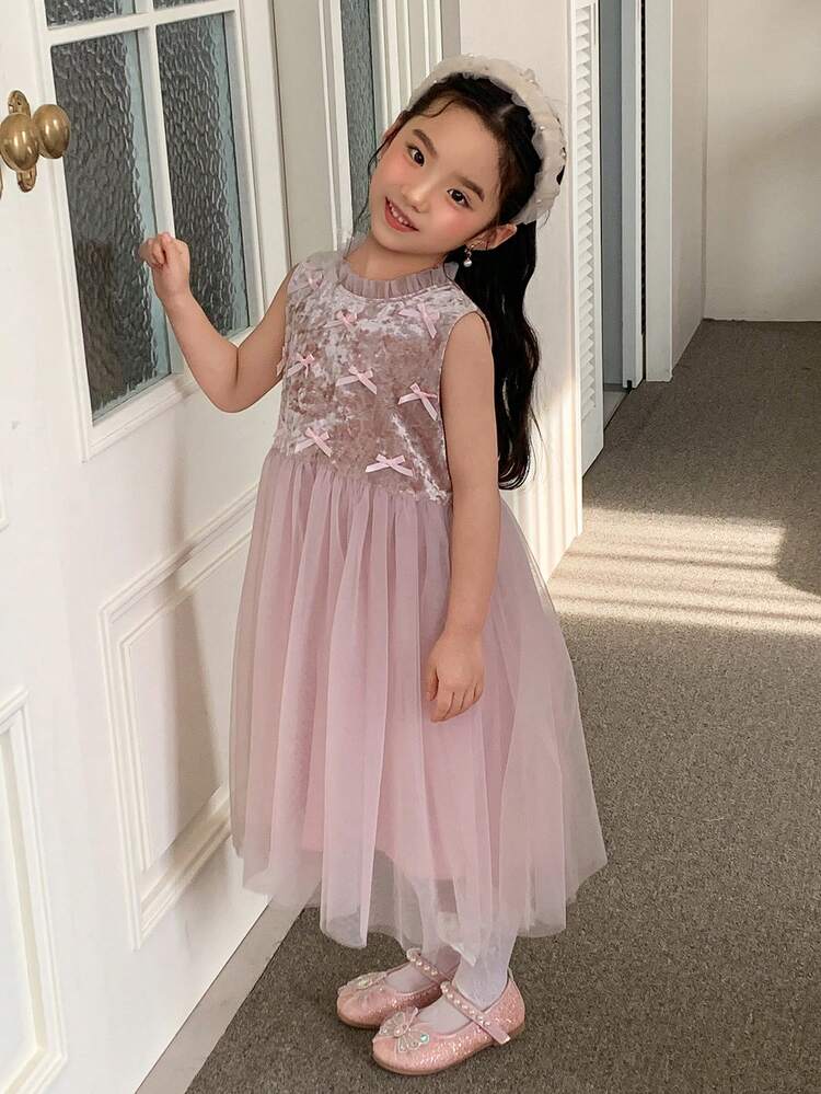 Young Girls Velvet Bowknot Patchwork Mesh Party Dress, Pink
