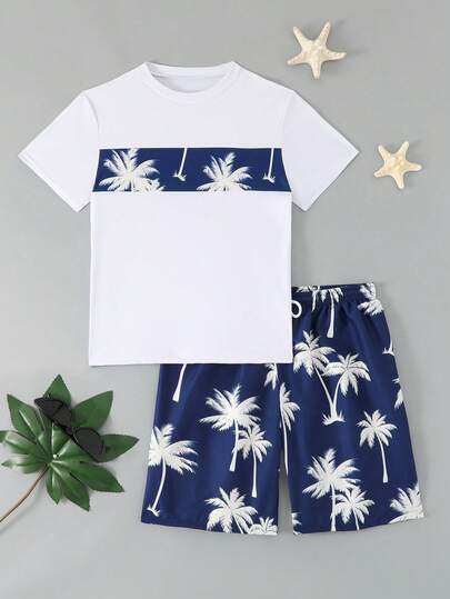 SHEIN Teenage Boy (Male) Swimsuit, Teenage (Male) Swimsuit Set (Male) Fashion And Style, Navy Blue And White, Top With Pure White Main Body, Chest Seam With Navy Blue Coconut Tree Print Horizontal Stripes, Shorts, Navy Blue Base With Full Print Of White Coconut Tree Patterns, Knit And Woven Fabrics, Two-Piece Set, Fashionable And Casual, Cool, Suitable For Swimming, Summer Vacations, Beach And Seaside Areas, Pool Parties, Summer Vacation Relaxation. Teen Boy Beach Wear Teen Boy Summer Sets Boy Clothes Tropical Boys Sets Summer Boys Vacation Outfit Sets Boys Beach Set Boys Shorts Sets Boys Pajama Shorts Sets
