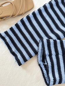 Tween Girl Casual Vacation Street Asymmetric Shoulder Textured Jacquard Striped Fitted Cropped T-Shirt And Matching Straight Leg Striped Knit Pants Set, Back To School Outfit - Blue - View 3