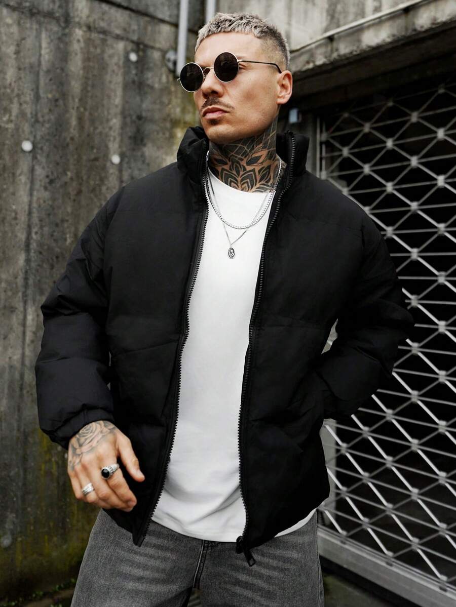 Artur Kramer 男士长袖纯色休闲立领黑色羽绒服,秋冬款 - 黑色 - 查看 1