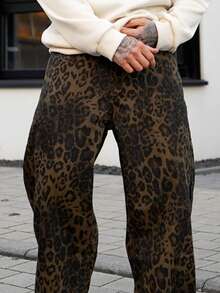 Artur Kramer Men Denim Jeans With Leopard Print, Retro Fashion Casual Loose Straight Leg Pants, Grunge - Brown - View 5