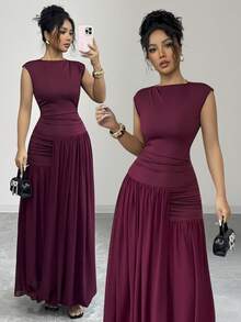 Selianne Robe longue plissée en mousseline de soie avec col Mao, manches larges et taille élastique en tricot pour femmes, rouge angora, élégante et sophistiquée, style romantique français rétro, convient pour le travail, les affaires, la plage, les occasions décontractées, simple et polyvalente, adaptée pour le mariage, la Saint-Valentin, le thé de l'après-midi, les fêtes, nouvelle arrivée pour le printemps/été - Bordeaux - Voir 1