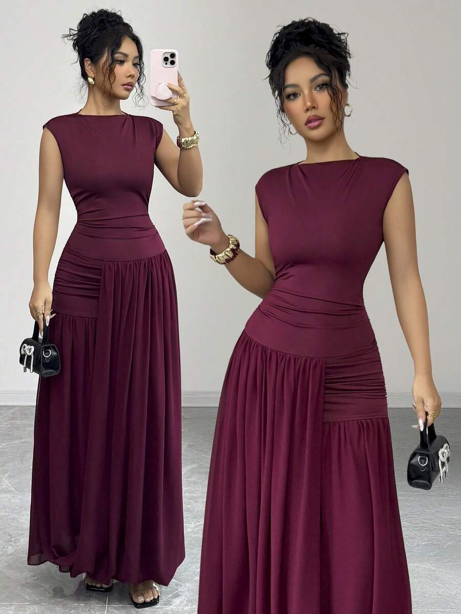Selianne Robe longue plissée en mousseline de soie avec col Mao, manches larges et taille élastique en tricot pour femmes, rouge angora, élégante et sophistiquée, style romantique français rétro, convient pour le travail, les affaires, la plage, les occasions décontractées, simple et polyvalente, adaptée pour le mariage, la Saint-Valentin, le thé de l'après-midi, les fêtes, nouvelle arrivée pour le printemps/été - Bordeaux - Voir 1