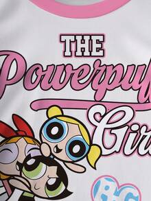 THE POWERPUFF GIRLS X SHEIN 女婴休闲日常通勤时尚街头可爱卡通字母蝴蝶结印花圆领短袖T恤 - 白色 - 查看 4