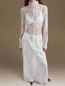 Ontre 2026春夏新款，适合5-15℃，可叠穿，现代都市风格，白色蕾丝面料，收腰修身剪裁，女士长裙，优雅百搭日常装，新款派对礼服，女士春夏连衣裙 - 白色 - 查看 3