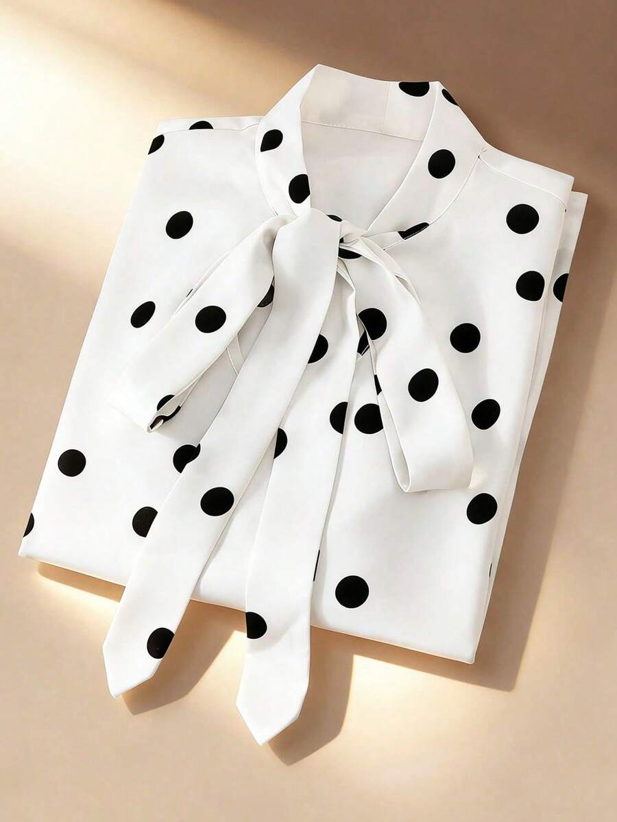 Franclia Áo kiểu dài tay chấm bi dáng cánh bướm thắt nơ phía trước thanh lịch mới dành cho nữ, phong cách tối giản thích hợp cho công sở, mùa thu/đông. - trắng - Xem 1