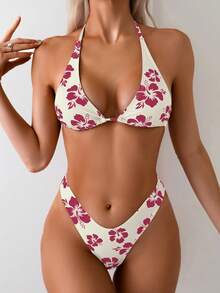 Swim Mod Women's Summer Floral Print Halter Tie Bikini Two-Piece Swimsuit Set - Multicolor - View 4