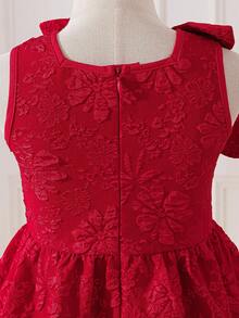 SHEIN Elegant Red Satin Traditional Wedding Dress For Girls,Sleeveless 3D Floral Jacquard Party Frock With Rhinestone Bow And Tiered Ruffle Hem For Toddler - Blue and White - View 12