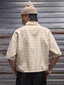 AXEPEAK Men's Plaid Rhinestone Embellished Single-Breasted Casual Commuter Short Sleeve Shirt - Khaki - View 3