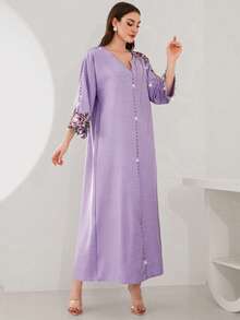 Layrah 花卉刺绣七分袖宽松优雅阿拉伯风格粘胶亚麻连衣裙，浅紫色 - 淡紫色 - 查看 4