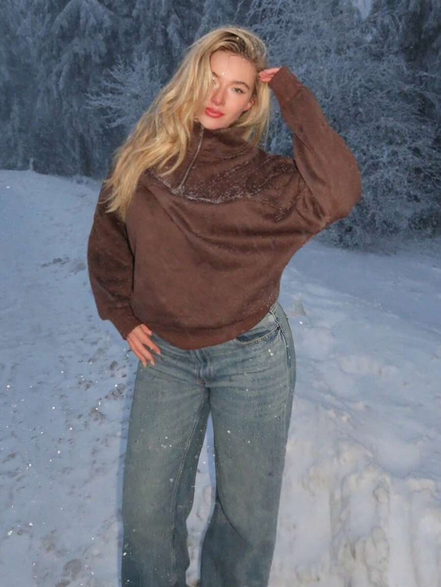 Turnttoni Women's Loose Split Zip-Up Hoodie - Coffee Brown - View 1