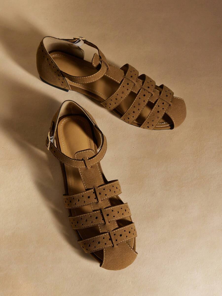 Rosivie 25 Spring/Summer New Hollow Woven Round Toe Retro Design Flat Women Shoes Valentine's Day - Brown - View 1