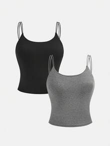 SHEIN Set de 2 camisetas de tirantes casuales para adolescentes con sujetador incorporado, negro y gris, compra 1 y llévate 1 gratis - Multicolor - Ver 1