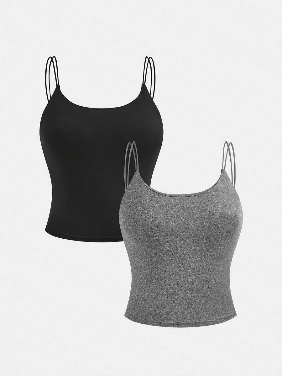 SHEIN Set de 2 camisetas de tirantes casuales para adolescentes con sujetador incorporado, negro y gris, compra 1 y llévate 1 gratis - Multicolor - Ver 1