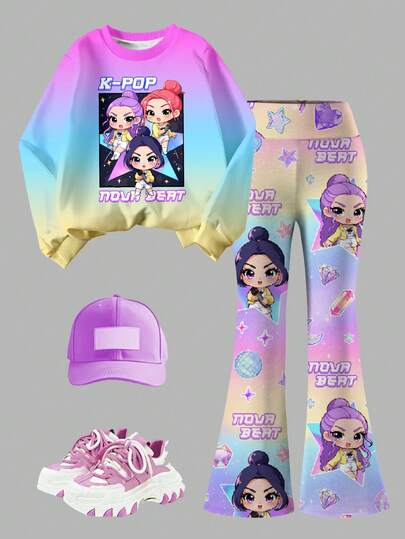 Sparklyn 2pcs/Set KPOP Graphic Print Top, Girls Crew Neck Sweatshirt And Skinny Flared Pants Set, Fashionable Casual, Suitable For Autumn/Winter