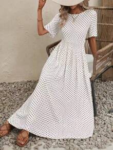 EMERY ROSE Polka Dot Print A-Line Dress Maxi Women Outfit - White - View 3