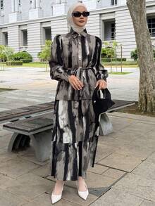 DAZY Women's Casual Floral Puff Sleeve Belted Shirt And Ruffle Hem Skirt 2-Piece Set, Spring/Summer - Black - View 6