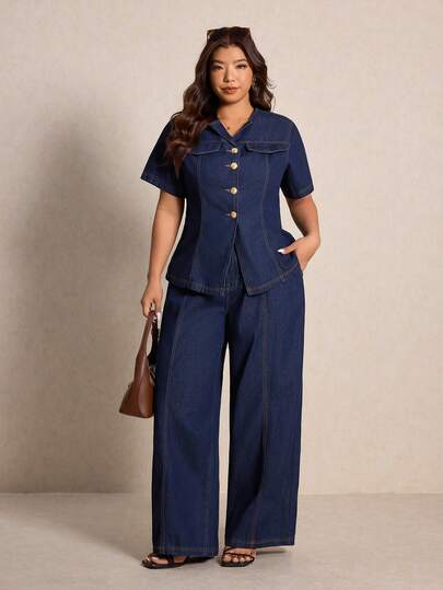 Elaquor Plus Size Casual Commuter Short Sleeve Top And Denim Pants 2 Pieces Set