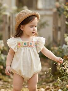 Vintaside Kids 1件女婴清新绿色格子荷叶袖连体衣。面料柔软舒适，俏皮可爱，公主风休闲款式，适合春夏户外、旅行、日常穿着。 - 杏色 - 查看 6