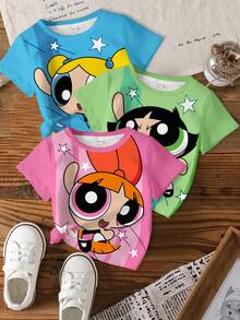 THE POWERPUFF GIRLS X SHEIN Young Girl Blossom, Bubbles, Buttercup Pattern Round Neck Short Sleeve T-Shirt - Multicolor - View 1