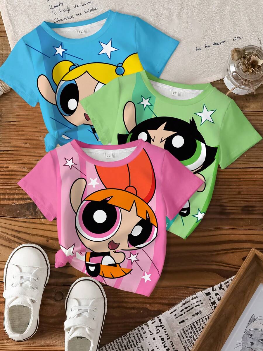 THE POWERPUFF GIRLS X SHEIN Young Girl Blossom, Bubbles, Buttercup Pattern Round Neck Short Sleeve T-Shirt - Multicolor - View 1