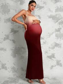 MaterniChic Vestido de tirantes ajustado con bajo de cola de pez degradado para maternidad - Rosa - Ver 10
