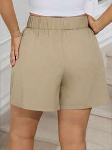 EMERY ROSE Plus Size Women Valentine's Day Woven Metal Button Elegant Shorts, Cooling , Stress Relief , Fashion - Khaki - View 2