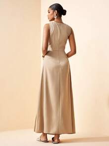 Zivah 2026 Spring New Arrival Vacation Style Music Festival Easter Western Nomadic Birthday Daily Casual Vacation Beach Wedding Street Fashion Date Twist Strap Ruched Draped Neck Flared Hem A-Line Woven Dress, French Elegant - Khaki - View 2