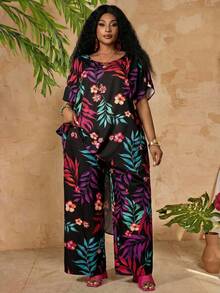 EMERY ROSE Plus Size Women Casual Floral Print Top & Pants 2 Pieces Set,Flower/Spring/Summer/Vacation - Black - View 1