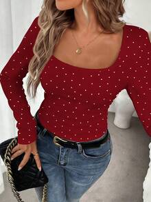SHEIN LUNE Áo thun dài tay nữ kiểu dáng thường ngày, thích hợp để mặc nhiều lớp vào mùa thu/đông. - Đỏ - Xem 6