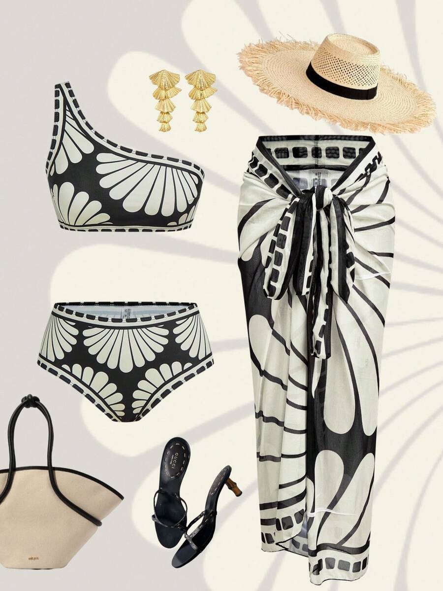 Swim Oasis 三件套女士春夏沙滩泳衣套装，优雅社交名媛复古波西米亚风海洋花卉贝壳印花，不对称肩部比基尼上衣搭配裹身网纱裙，高级套装，适合新年、情人节、返校季、旅行、海滩、下午茶、派对、日常穿着、休闲、户外活动等场合，时尚百搭。 - 彩色 - 查看 1