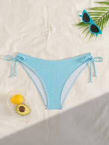 Swim Mod Women's Random Print Blue & White Striped Drawstring Bikini Bottom, Casual Beach Vacation Summer - Blue and White - View 7