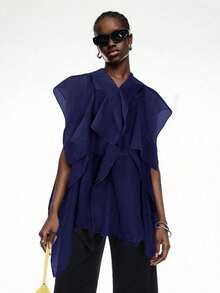 SHEIN EZwear 大码女式藏蓝色荷叶边领纽扣前襟网纱拼接优雅波西米亚风衬衫 - 藏蓝色 - 查看 6