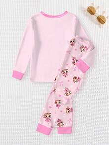 1 Set Young Girls Heart & Girl Print Contrast Collar & Cuff Knit Tight Fit Long Sleeve Top And Allover Print Pants Pajama Set - Pink - View 2