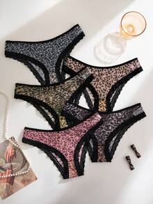 5pcs/Pack Sexy Leopard Print Lace Trim Women's Panties - Multicolor - View 4