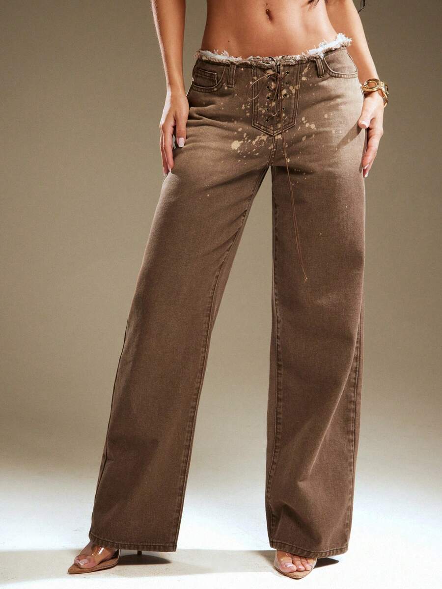 Denimoi Low Rise Lace Up Front Closer Washed Frayed Waist Denim Jeans Sexy Jeans Sexy Fashionable - Brown - View 1