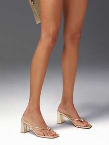 SHUZIA Women's Square Toe Gold Hardware Strappy Chunky High Casual Sandals - Gold - View 2