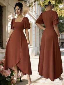 Rafferiza 女士法式方领修身荷叶边短袖连衣裙，复古不对称下摆纽扣设计，优雅百搭，适合通勤、约会、度假和外出穿着。 - 橘色 - 查看 3