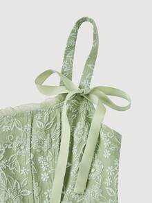 SHEIN MOD Petite 女士提花蝴蝶结装饰时尚迷你连衣裙，适合约会和派对穿着 - 綠色 - 查看 6