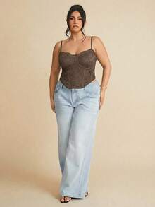 SHEIN CURVE+ Plus Size Women Sexy Lace Sheer Camisole Top, Party , Date, Commute, Cute Lingerie - Brown - View 3