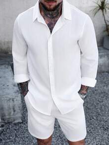 Manfinity Homme 男士纯色纹理休闲衬衫短裤套装，秋季款 - 白色 - 查看 5