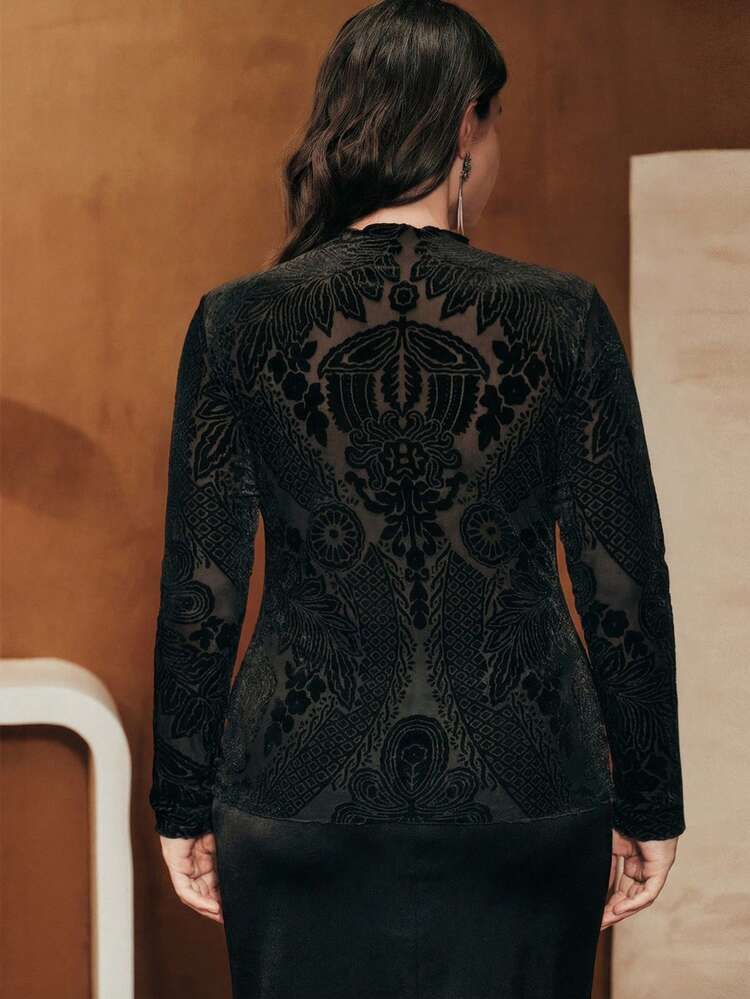 Große Größen Damen Schwarze Mesh Cut Out Samt Burnout Elegante Vielseitige Langarm Pullover Top, Herbst/Winter