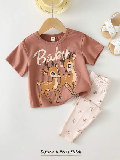 Cozy Pixies 2pcs Baby Girl Floral Print Knit Soft Round Neck Short Sleeve Top And Elastic Waist Pants Set