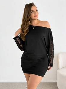 SHEIN Essnce Plus-Size Women's Elegant Sexy 70's Black Autumn Party Night Dress, Casual Off-Shoulder Lace Sleeves Short Curve Dress, High-Elasticity Spring Outfits - Black - View 5
