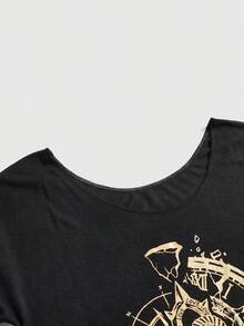 ROMWE Grunge Punk 女士休闲暗黑浪漫朋克海盗船锚字母印花超大圆领蝙蝠袖短袖T恤，夏季 - 黑色 - 查看 3