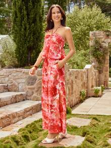 KARISMINA Women's Sping Summer Elegant Vacation Tropical Print Two Pieces Set – Strapless Flowy Top & Wide Leg Pants, Spring Summer 2026 Vacation Matching Outfit - Red - View 5